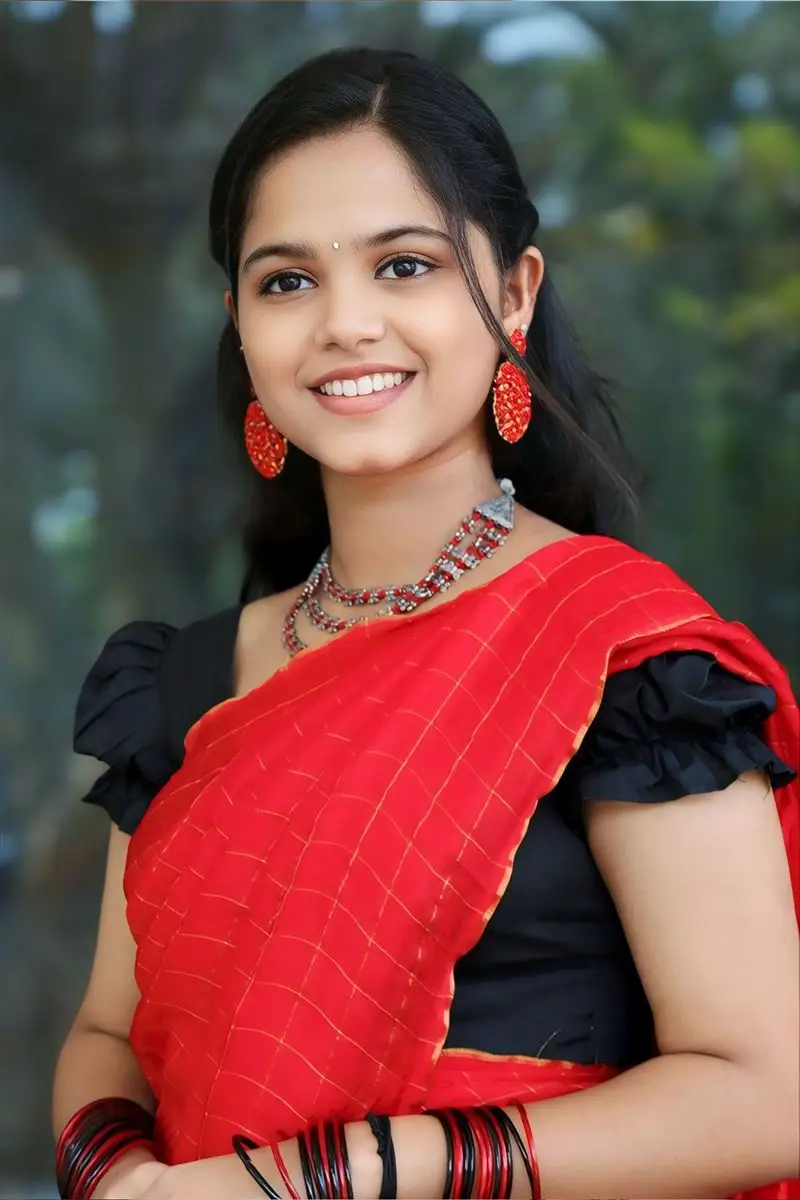 Telugu Girl Prarthana Sandeep In Red Saree Black Blouse